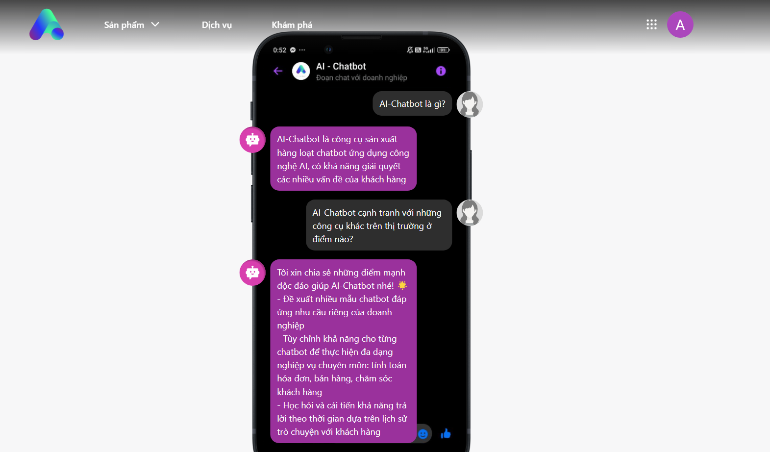 Giao diện chat tư vấn bán hàng của chatbot được tạo ra từ AI-Chatbot