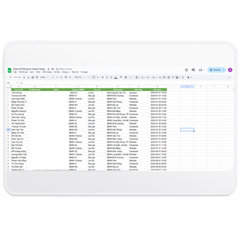 Giao diện thông tin khách hàng mà AI chatbot thu thập trên Google Sheet