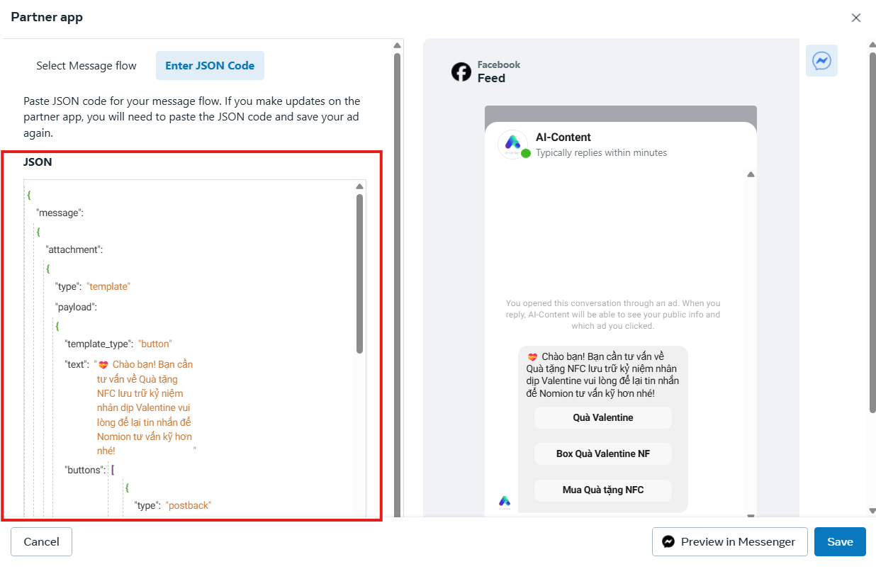 Giao diện tích hợp AI chatbot vào Facebook ads