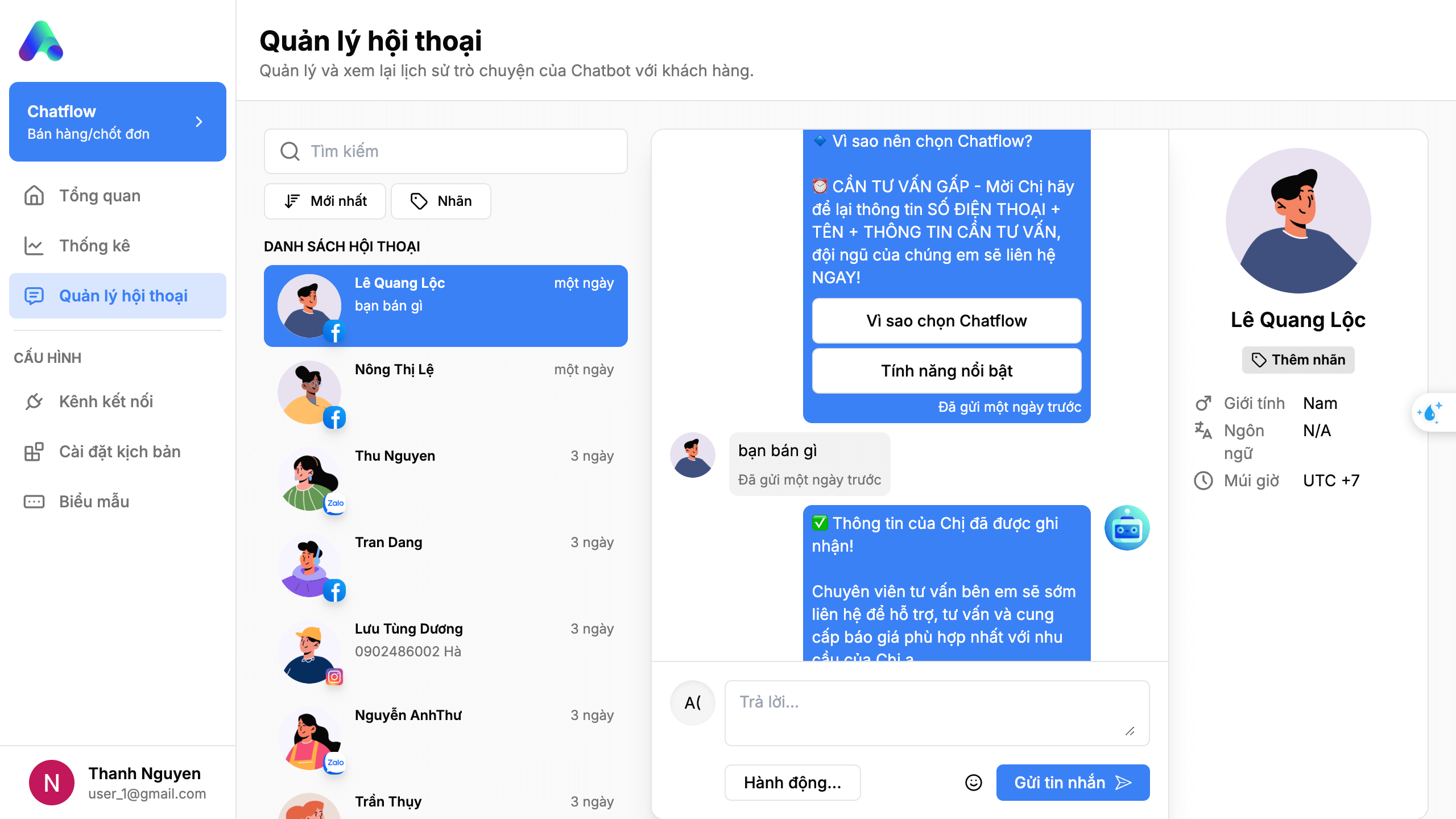 Giao diện quản lý hội thoại trên Chatflow